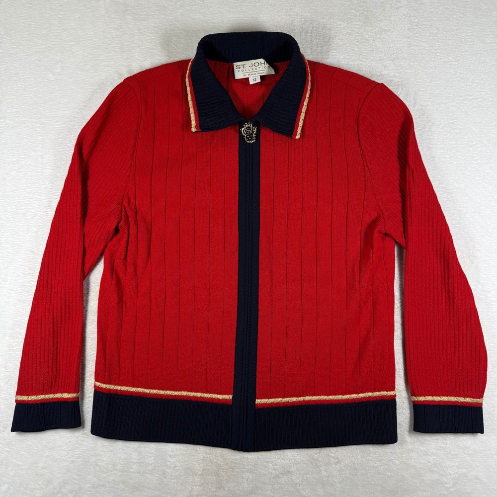 St John Collection Marie Gray Red Navy Gold Zip Ribbed Knit Cardigan Size 12